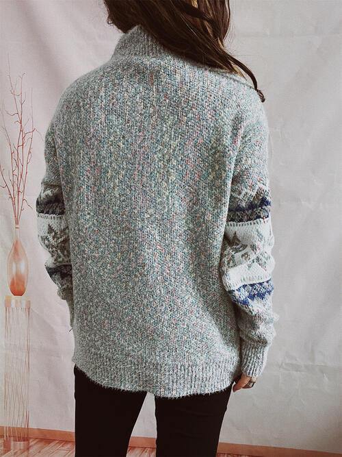 Geometric Mock Neck Dropped Shoulder Sweater - Trendsi