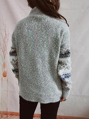 Geometric Mock Neck Dropped Shoulder Sweater - Trendsi