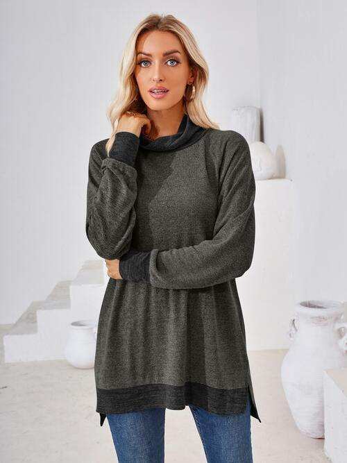 Contrast Mock Neck Long Sleeve T-Shirt - Trendsi - Flyclothing LLC
