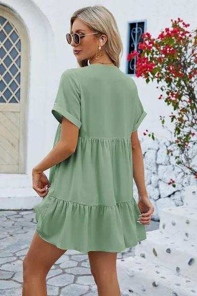 Ruched Tiered V-Neck Short Sleeve Mini Dress - Trendsi - Flyclothing LLC