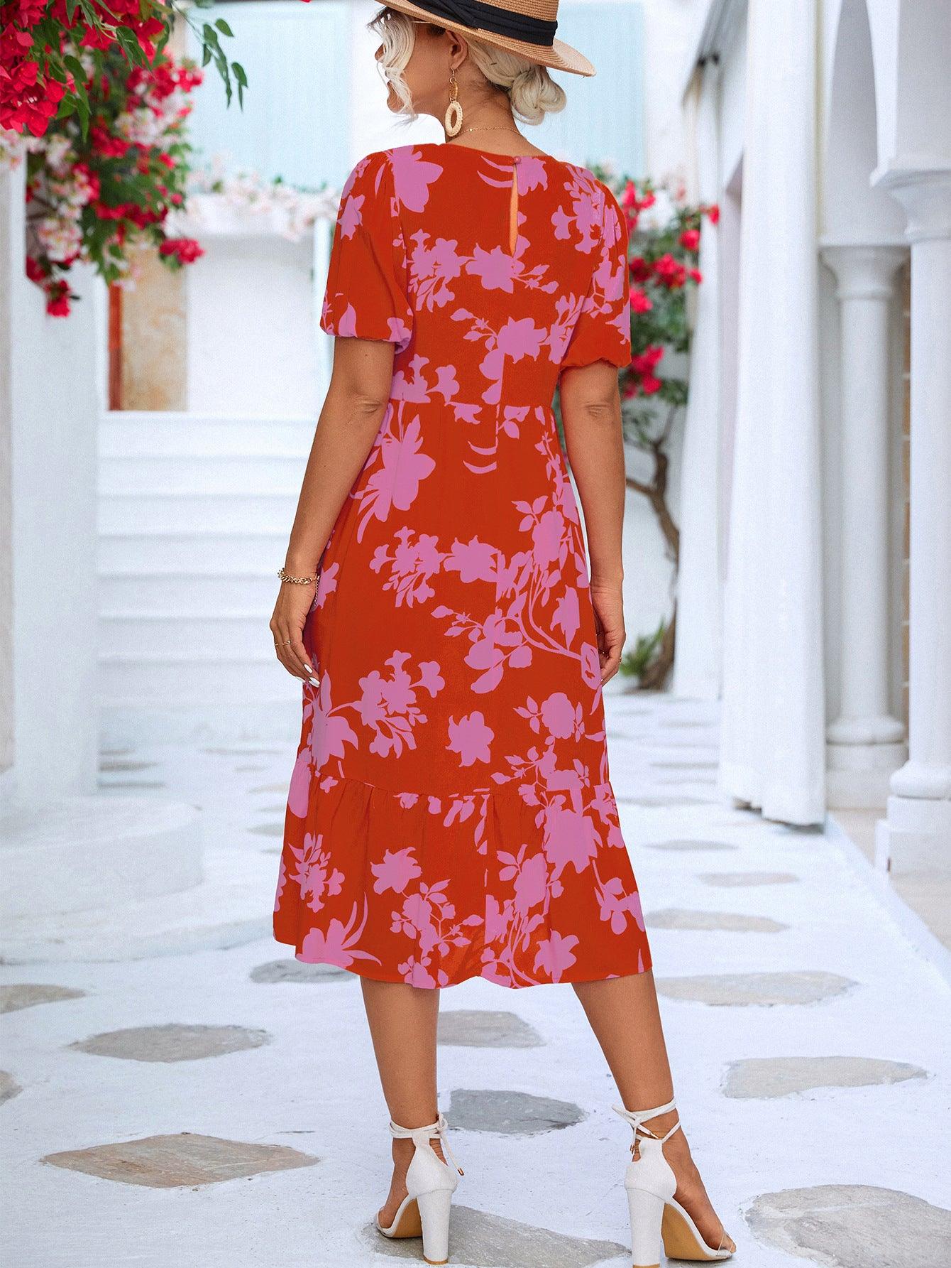 Floral Puff Sleeve Ruffle Hem Midi Dress - Flyclothing LLC