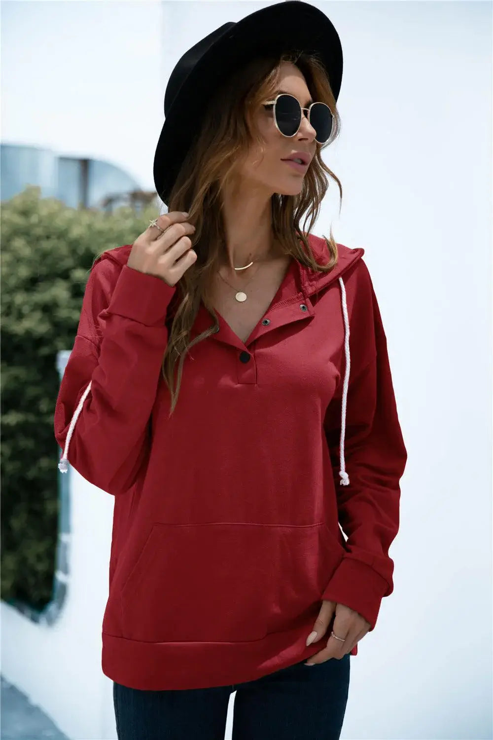 Quarter Snap Drawstring Hoodie with Kangaroo Pocket - Trendsi - Flyclothing LLC