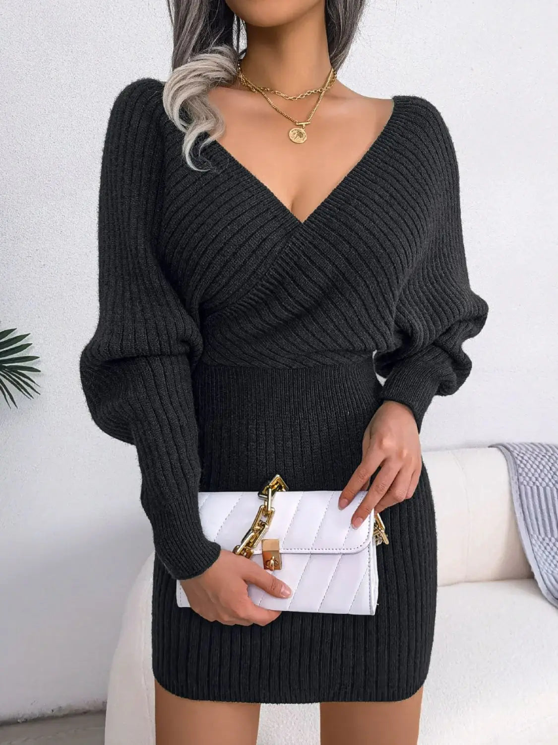 Rib-Knit Dolman Sleeve Sweater Dress - Trendsi - Flyclothing LLC