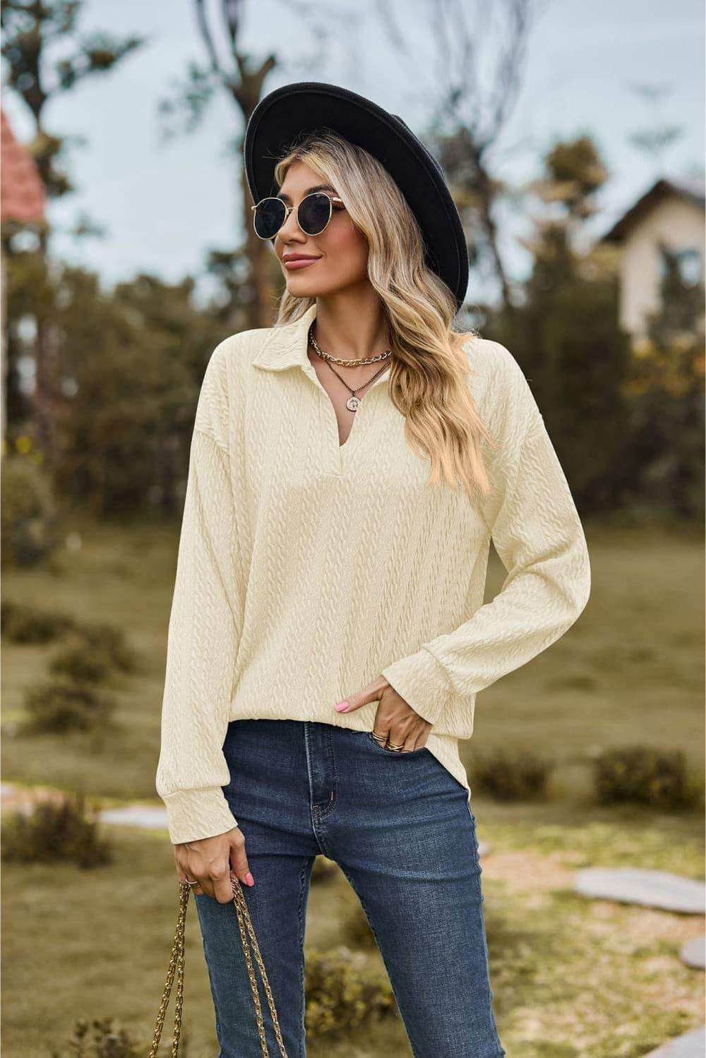 Collared Neck Cable-Knit Long Sleeve Blouse - Trendsi - Flyclothing LLC