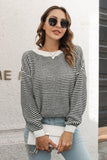Striped Round Neck Dropped Shoulder Sweater - Trendsi