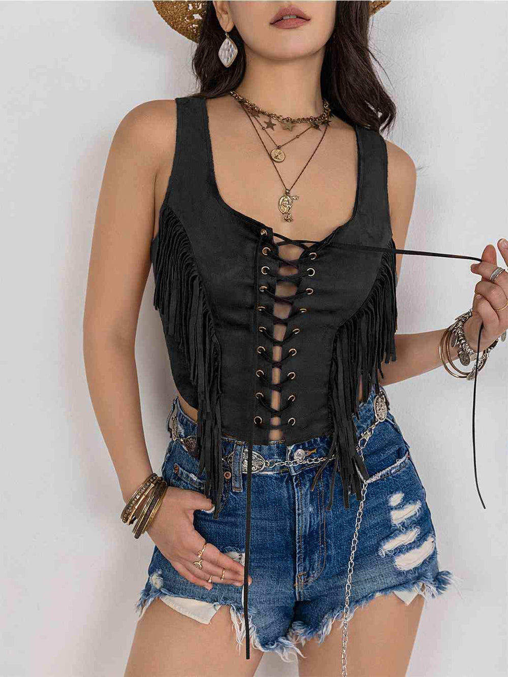 Fringe Lace-Up Vest - Trendsi - Flyclothing LLC