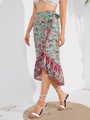 Tie Waistband Flounce Hem Midi Skirt - Flyclothing LLC