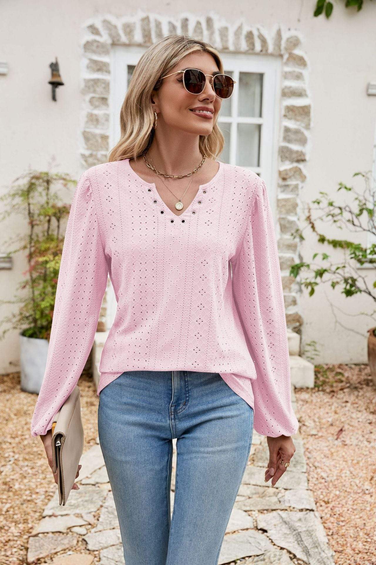 Eyelet Notched Neck Balloon Sleeve Blouse - Trendsi - Flyclothing LLC