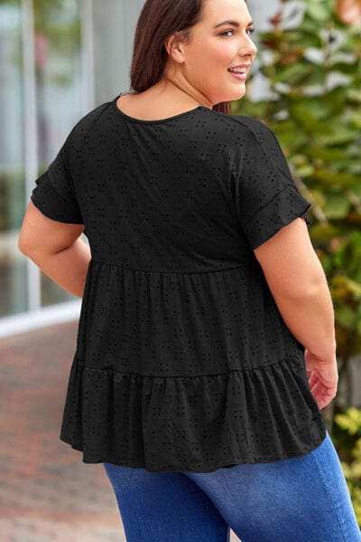 Plus Size Eyelet Round Neck Short Sleeve Blouse - Trendsi - Flyclothing LLC