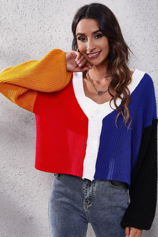 Color Block Ribbed Long Sleeve Cardigan - Trendsi