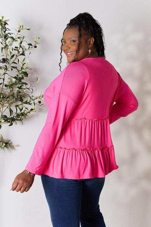 Double Take Half Button Long Sleeve Ruffle Hem Blouse - Trendsi - Flyclothing LLC