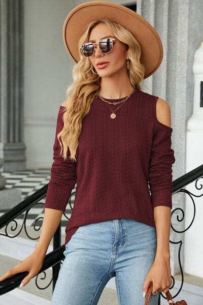 Round Neck Cold Shoulder T-Shirt - Trendsi - Flyclothing LLC