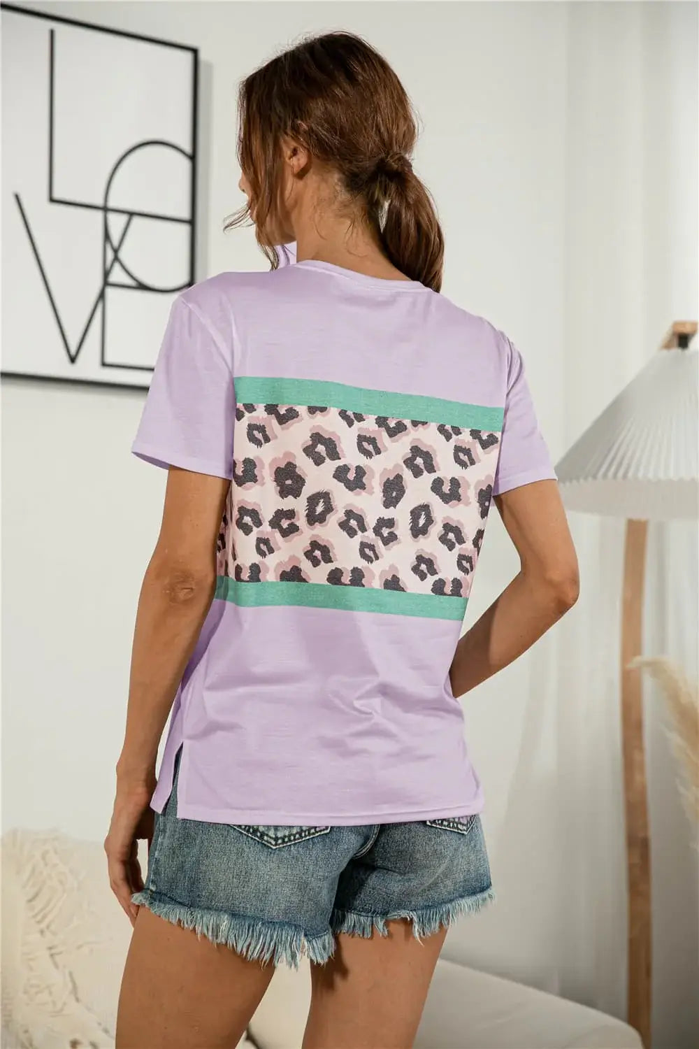 Leopard Color Block Side Slit Tee - Trendsi - Flyclothing LLC
