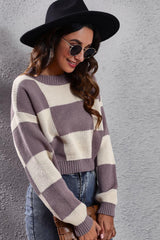 Color Block Round Neck Dropped Shoulder Sweater - Trendsi