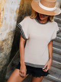 Contrast Round Neck Short Sleeve Knit Top - Trendsi - Flyclothing LLC