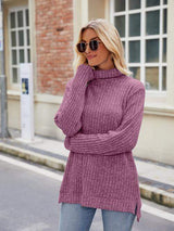 Ribbed Turtleneck Long Sleeve Slit Knit Top - Trendsi - Flyclothing LLC