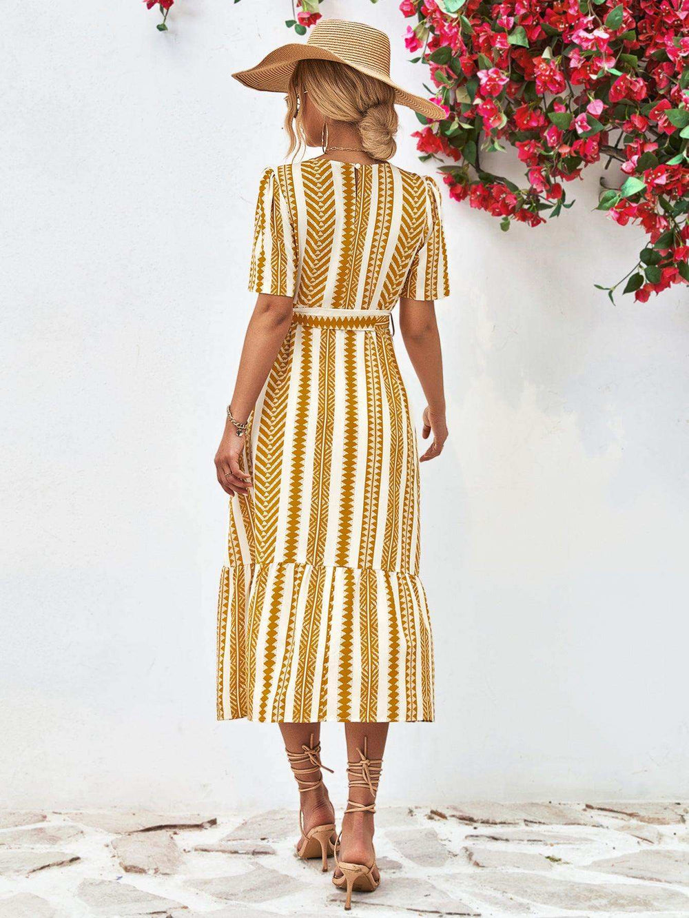 Striped Tie Belt Round Neck Puff Sleeve Dress - Trendsi - Flyclothing LLC