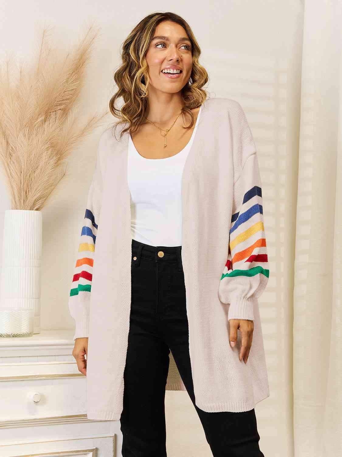 Striped Open Front Dropped Shoulder Cardigan - Trendsi - Flyclothing LLC