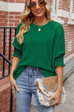 Round Neck Smocked Lantern Sleeve Blouse - Trendsi - Flyclothing LLC
