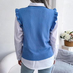 Ruffle Shoulder Ribbed Trim Sweater Vest - Trendsi