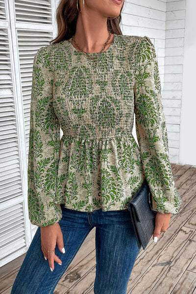 Smocked Printed Balloon Sleeve Blouse - Trendsi - Flyclothing LLC