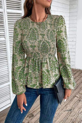 Smocked Printed Balloon Sleeve Blouse - Trendsi - Flyclothing LLC