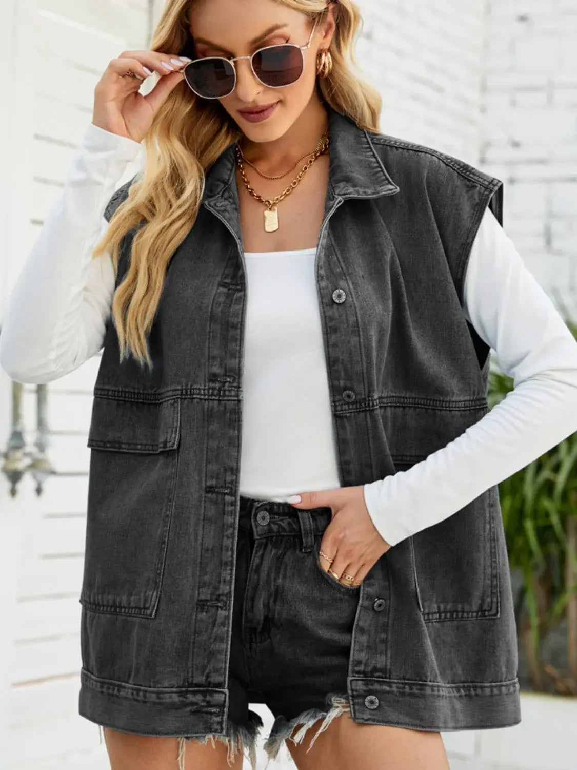 Collared Neck Sleeveless Denim Top with Pockets - Trendsi - Flyclothing LLC