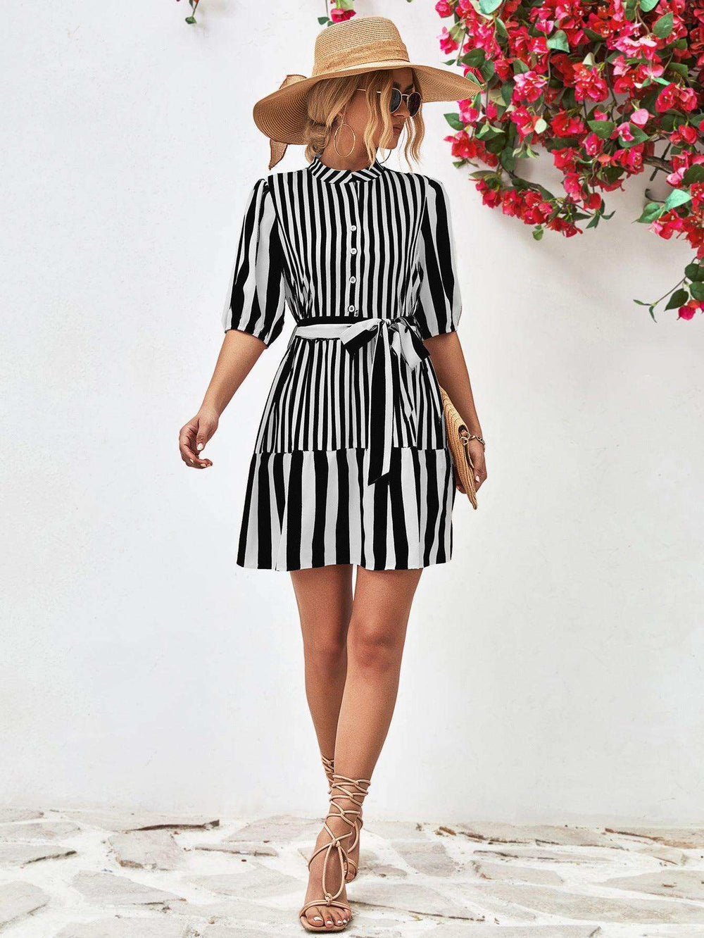 Striped Half Sleeve Tie Waist Mini Dress - Trendsi - Flyclothing LLC