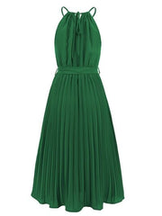 Pleated Spaghetti Strap Tie Waist Midi Dress - Trendsi