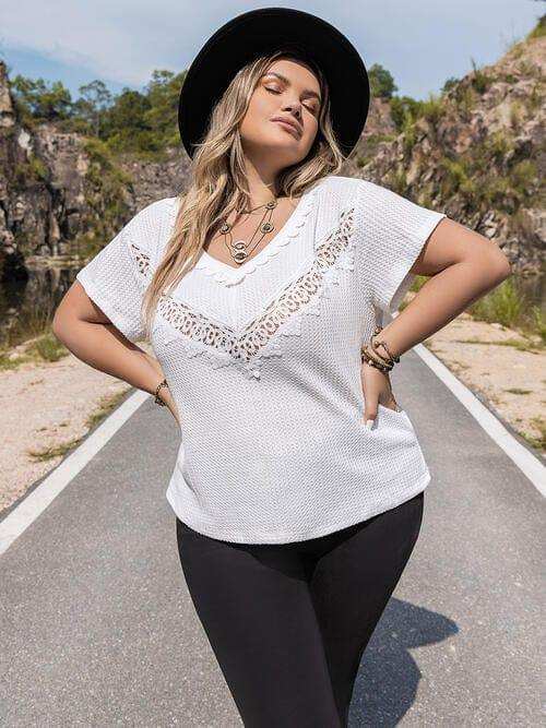 Plus Size Lace Detail V-Neck Short Sleeve Blouse - Trendsi - Flyclothing LLC