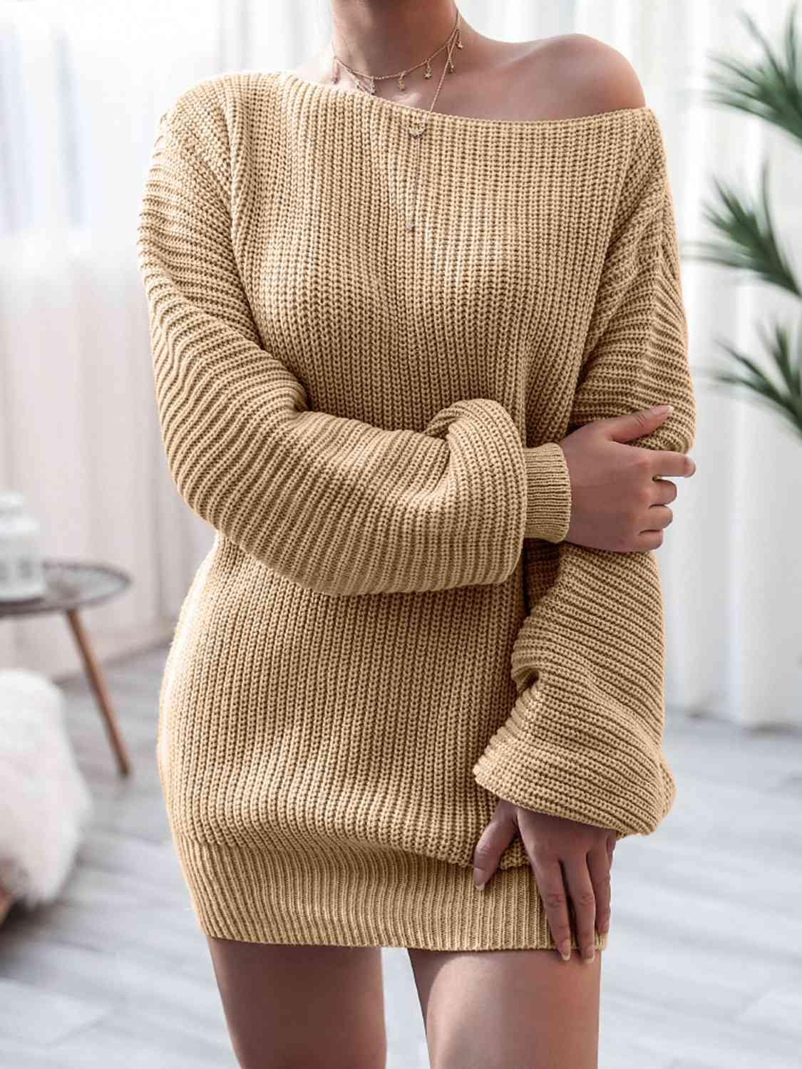 Rib-Knit Mini Sweater Dress - Trendsi