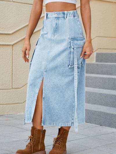 Slit Pocketed High Waist Denim Skirt - Trendsi - Flyclothing LLC