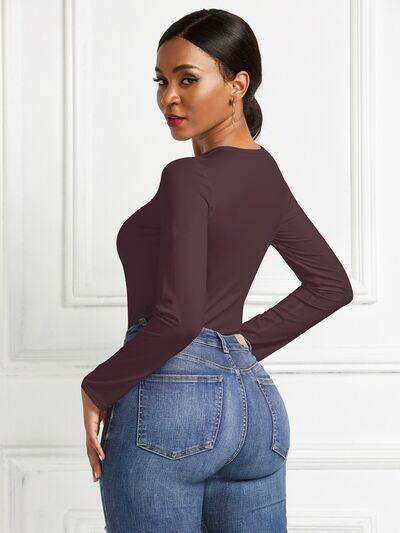 Round Neck Long Sleeve Bodysuit - Trendsi - Flyclothing LLC