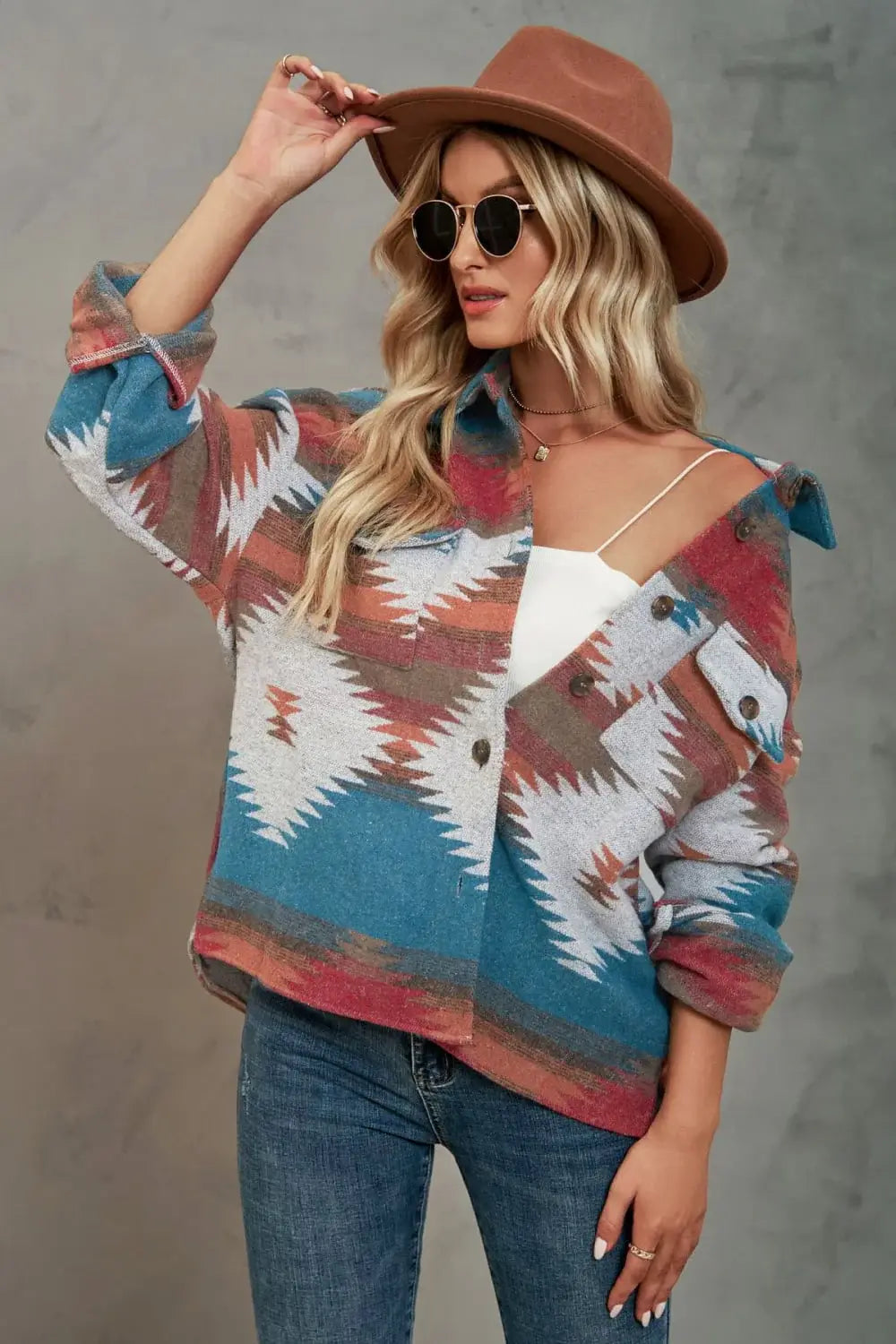 Printed Collared Neck Jacket - Trendsi - Flyclothing LLC