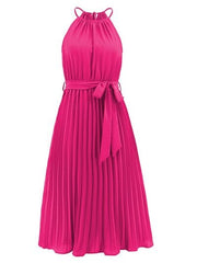 Pleated Spaghetti Strap Tie Waist Midi Dress - Trendsi