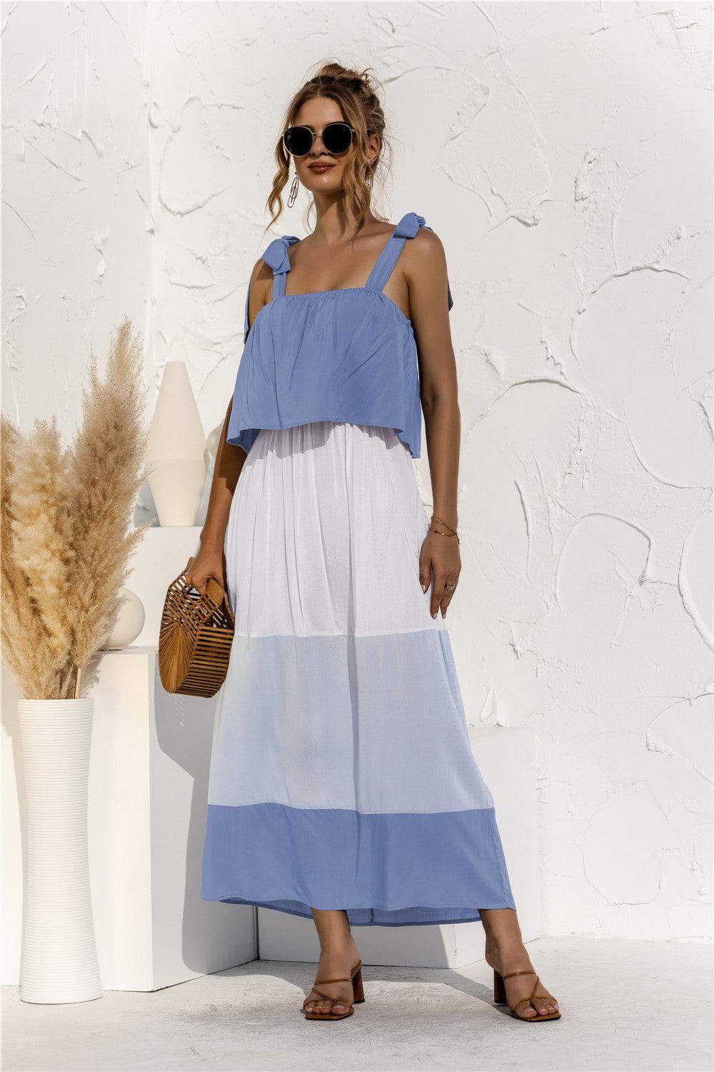 Color Block Tie Shoulder Tiered Sleeveless Dress - Trendsi - Flyclothing LLC