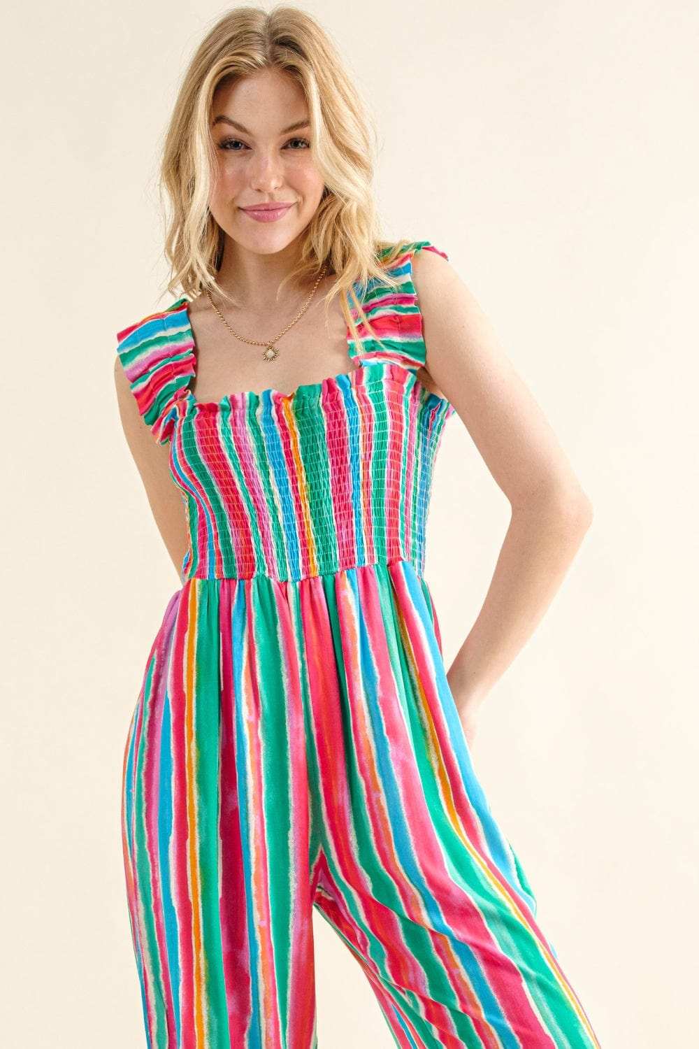 And The Why Full Size Striped Smocked Sleeveless Jumpsuit - Trendsi - Flyclothing LLC