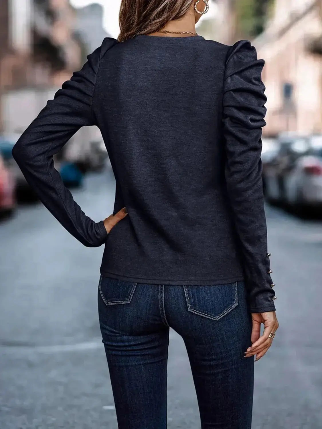 Decorative Button Puff Sleeve T-Shirt - Trendsi - Flyclothing LLC