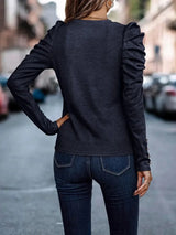Decorative Button Puff Sleeve T-Shirt - Trendsi - Flyclothing LLC