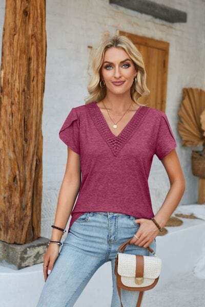 V-Neck Petal Sleeve T-Shirt - Trendsi - Flyclothing LLC
