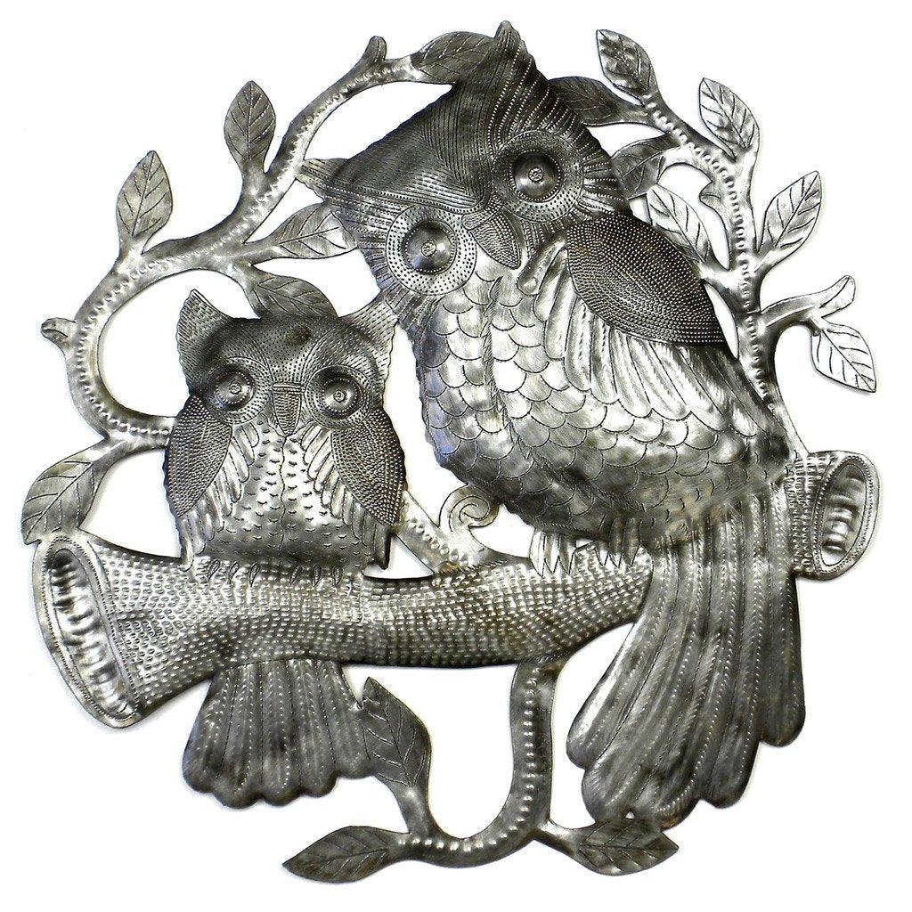 Pair of Owls on Perch Metal Wall Art - Croix des Bouquets - Croix des Bouquets