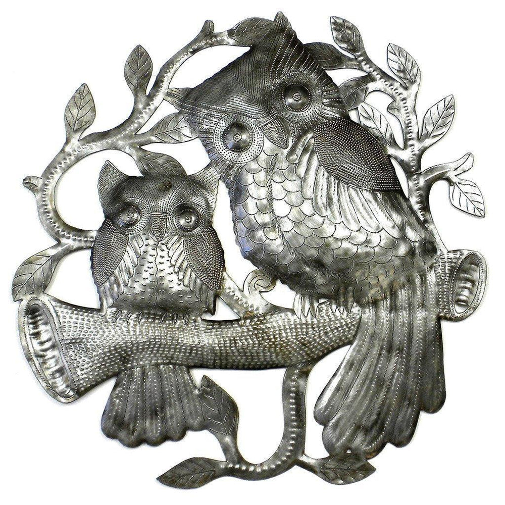 Pair of Owls on Perch Metal Wall Art - Croix des Bouquets - Croix des Bouquets