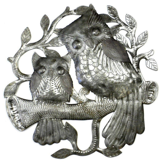 Pair of Owls on Perch Metal Wall Art - Croix des Bouquets - Croix des Bouquets