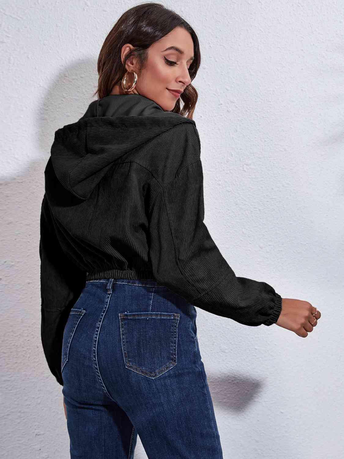 Drawstring Hooded Zip Up Jacket with Pockets - Trendsi