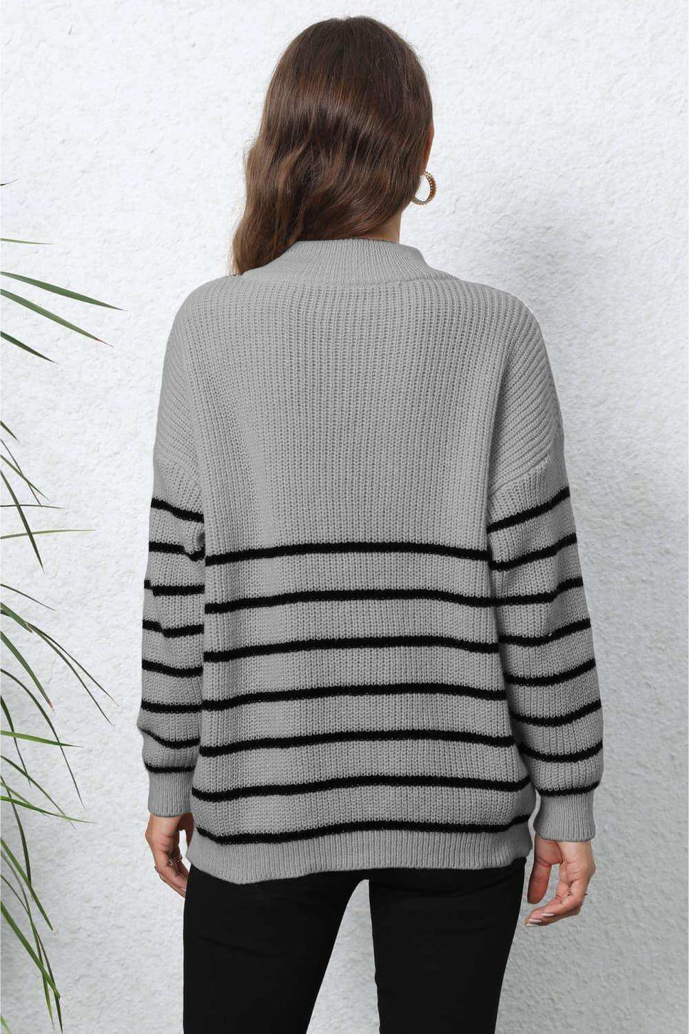 Striped Zip-Up Long Sleeve Ribbed Sweater - Trendsi - Flyclothing LLC