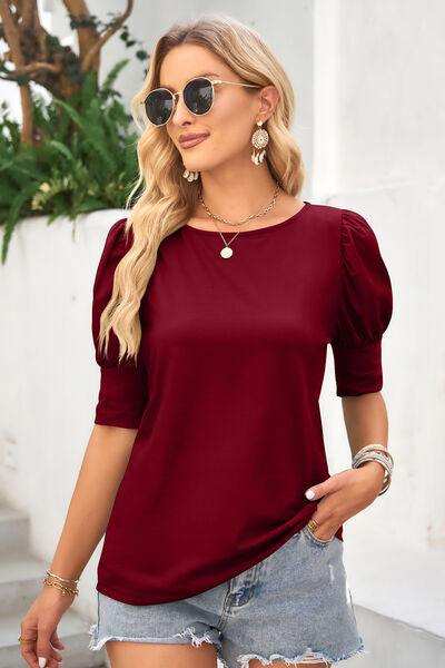 Round Neck Lantern Sleeve Blouse - Trendsi - Flyclothing LLC