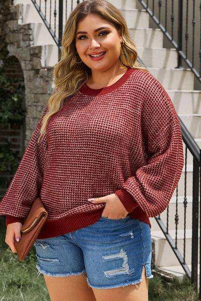 Plus Size Waffle-Knit Round Neck Dropped Shoulder Sweater - Trendsi - Flyclothing LLC