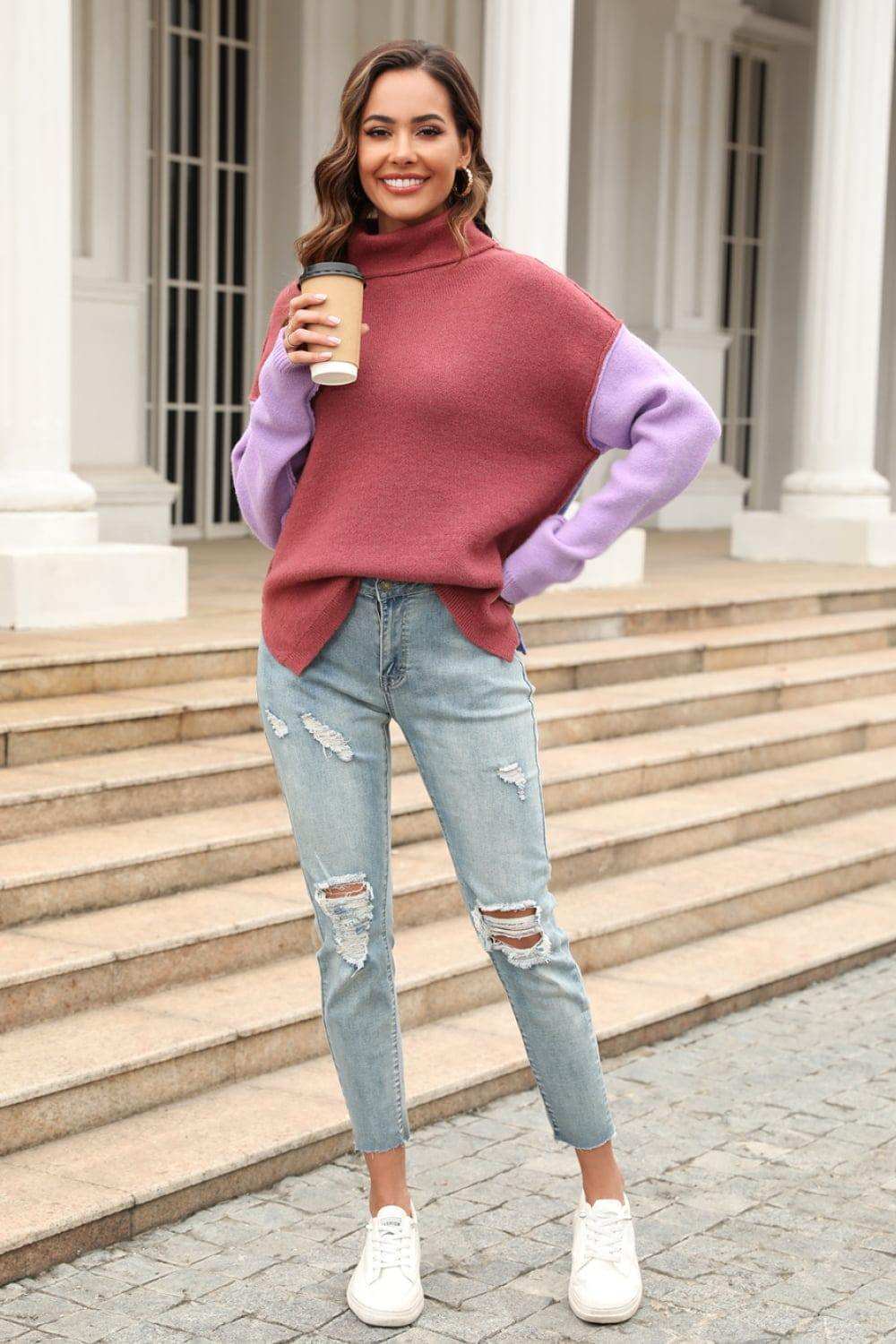 Color Block Turtleneck Slit Sweater - Trendsi - Flyclothing LLC