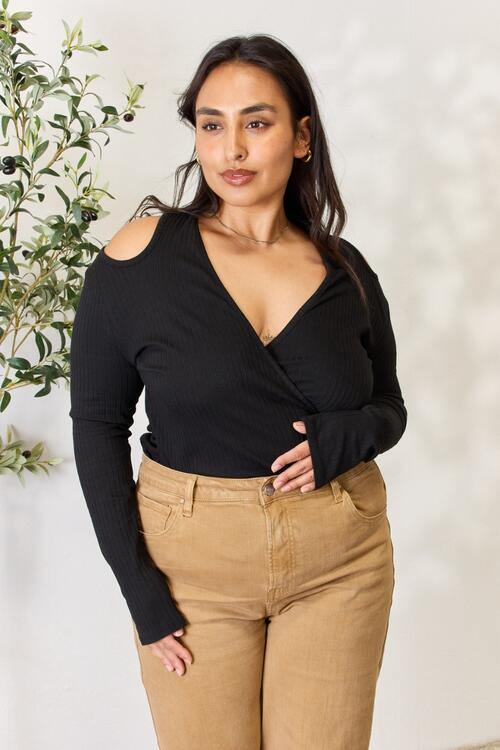 Culture Code Full Size Ribbed Surplice Cold Shoulder Top - Trendsi