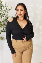 Culture Code Full Size Ribbed Surplice Cold Shoulder Top - Trendsi